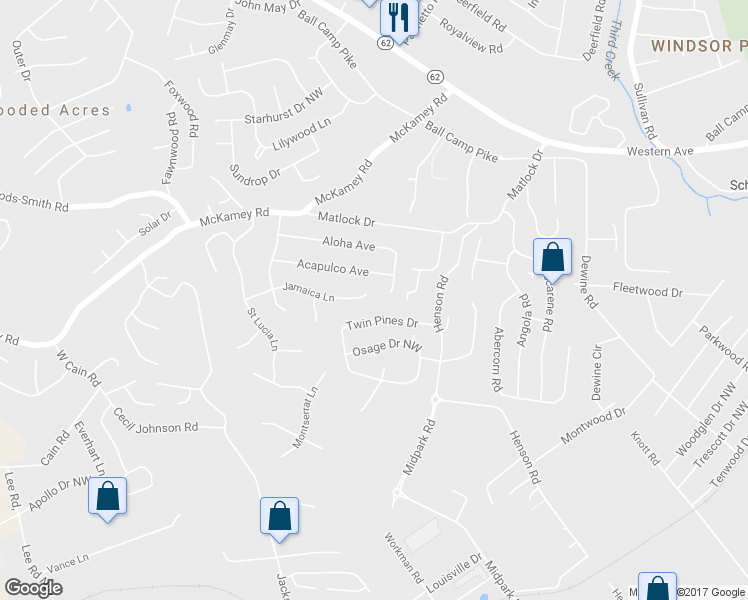 map of restaurants, bars, coffee shops, grocery stores, and more near 5600 Jamaica Lane in Knoxville