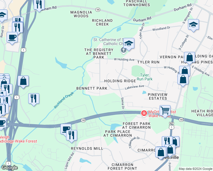 map of restaurants, bars, coffee shops, grocery stores, and more near 629 Lakeview Avenue in Wake Forest
