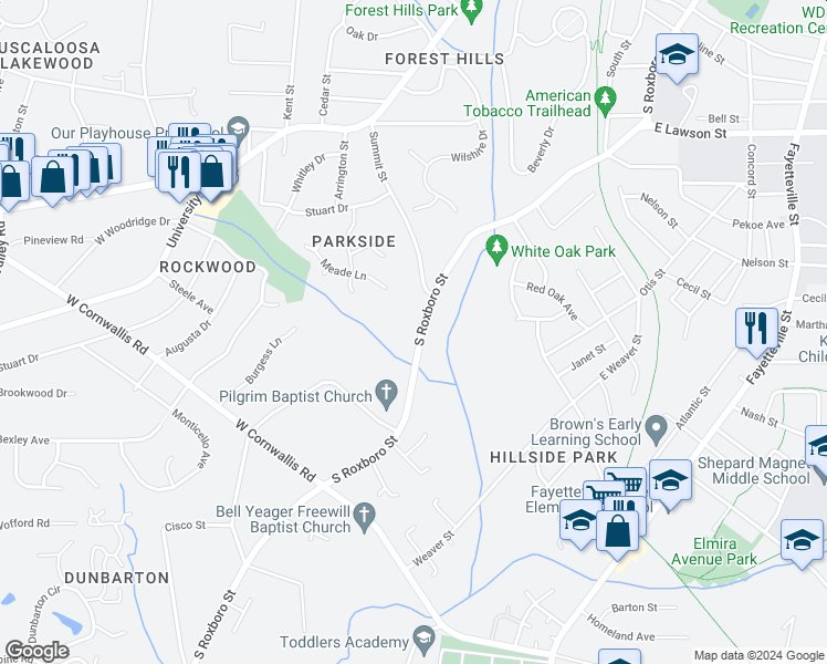 map of restaurants, bars, coffee shops, grocery stores, and more near 2310 South Roxboro Street in Durham