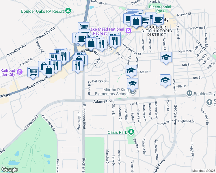 map of restaurants, bars, coffee shops, grocery stores, and more near 850 Armada Place in Boulder City