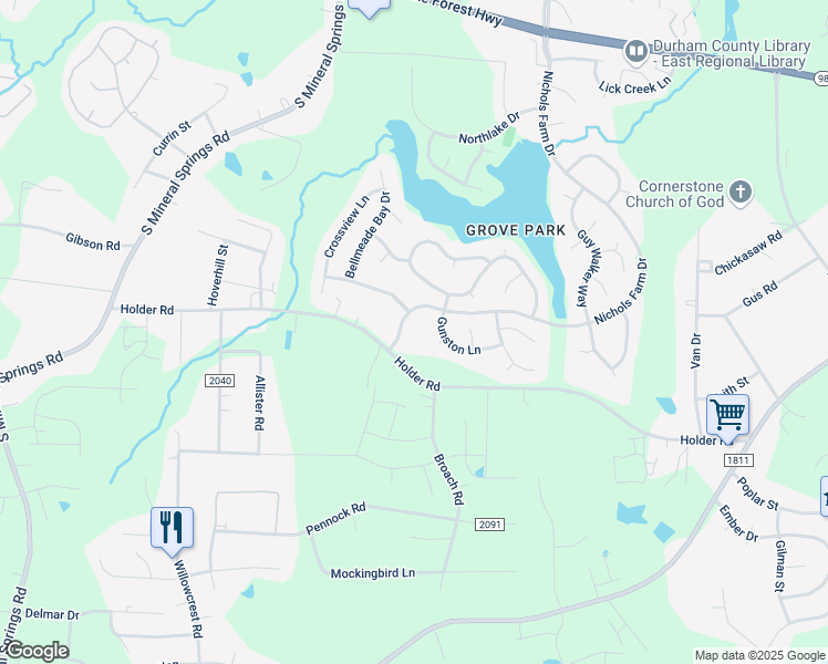 map of restaurants, bars, coffee shops, grocery stores, and more near 1109 Nichols Farm Drive in Durham