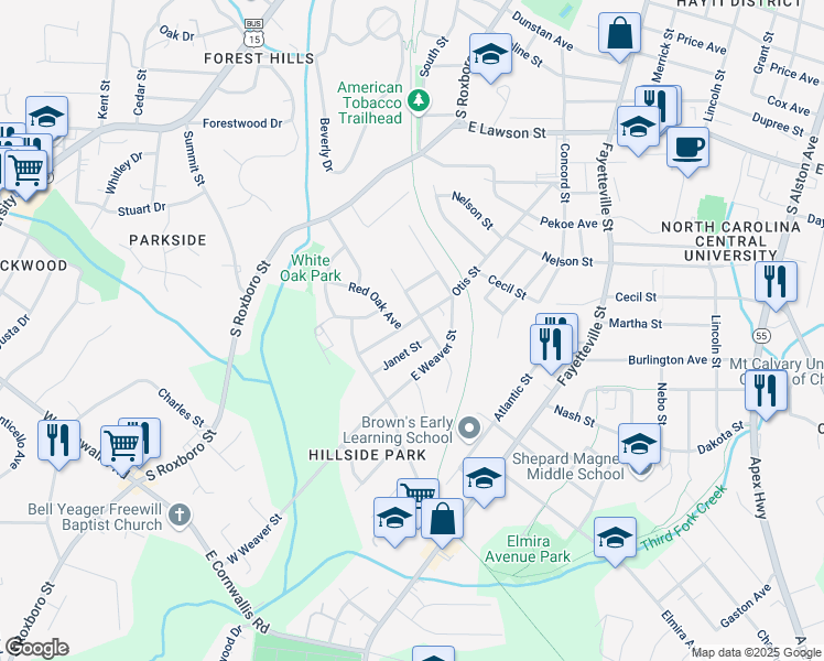 map of restaurants, bars, coffee shops, grocery stores, and more near 2423 Otis Street in Durham