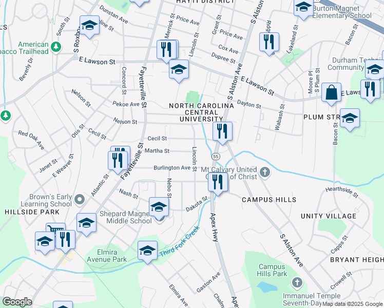 map of restaurants, bars, coffee shops, grocery stores, and more near 2214 Lincoln Street in Durham