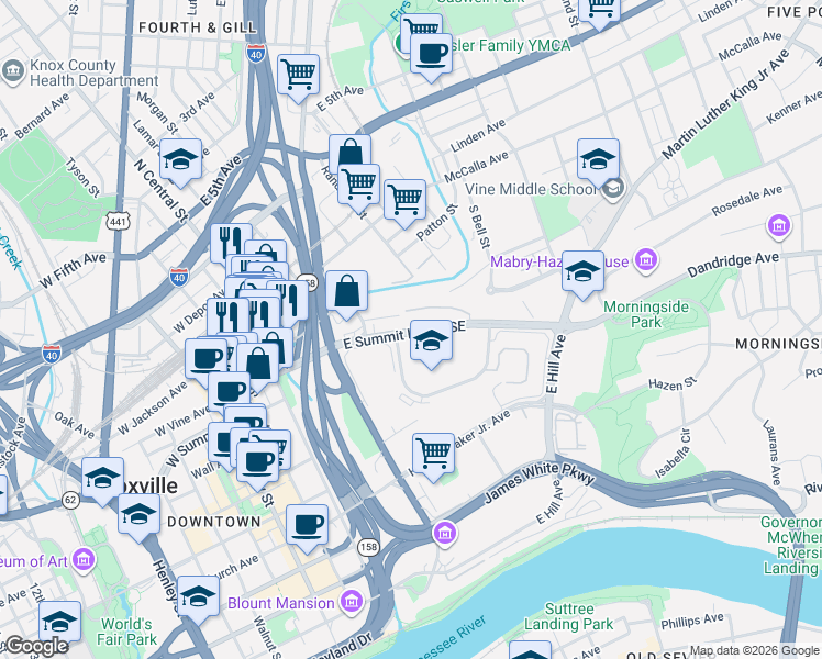 map of restaurants, bars, coffee shops, grocery stores, and more near East Summit Hill Drive in Knoxville