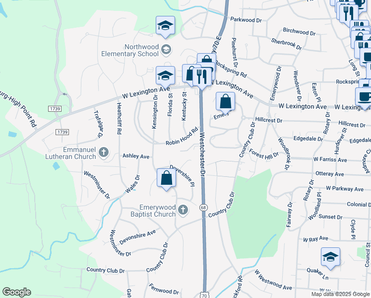 map of restaurants, bars, coffee shops, grocery stores, and more near 1105 Robin Hood Manor in High Point