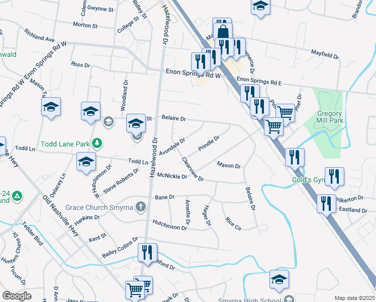 map of restaurants, bars, coffee shops, grocery stores, and more near 116 Prindle Drive in Smyrna