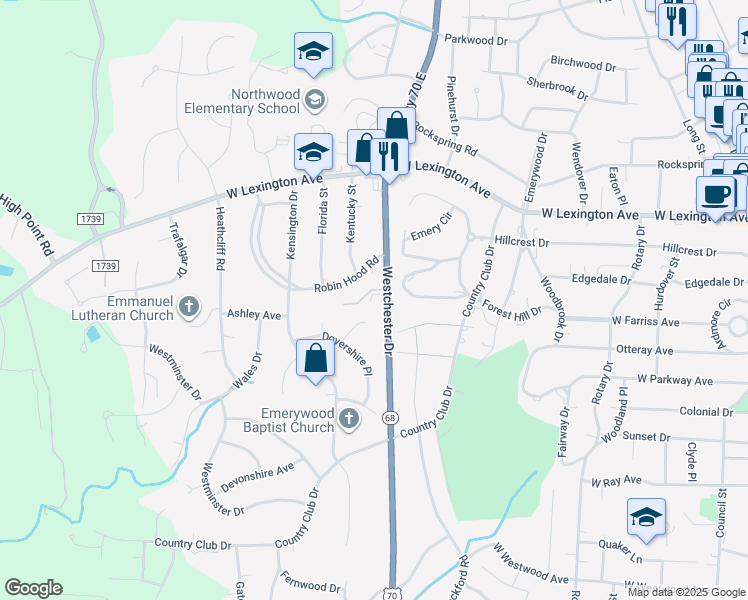 map of restaurants, bars, coffee shops, grocery stores, and more near 912 Westchester Drive in High Point