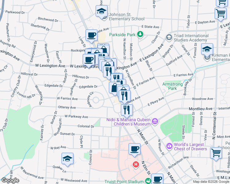 map of restaurants, bars, coffee shops, grocery stores, and more near 108 West Farriss Avenue in High Point