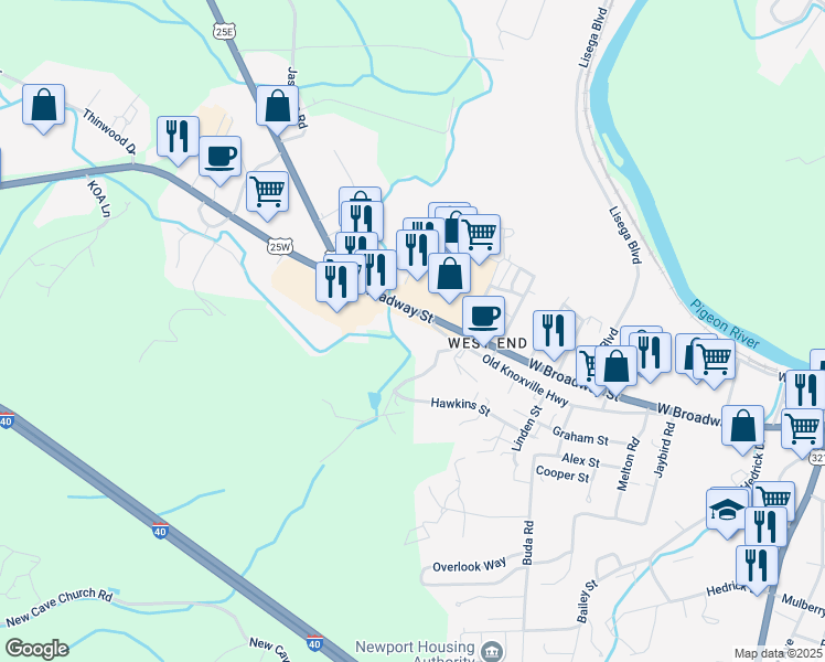 map of restaurants, bars, coffee shops, grocery stores, and more near 571 W Broadway St in Newport