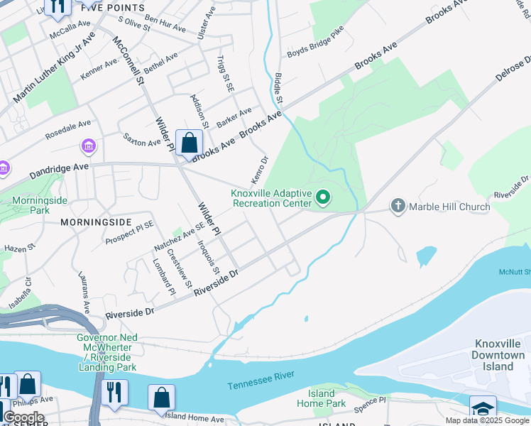 map of restaurants, bars, coffee shops, grocery stores, and more near 1729 Birdsong Street in Knoxville