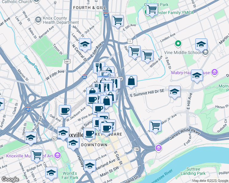 map of restaurants, bars, coffee shops, grocery stores, and more near 219 Willow Avenue in Knoxville
