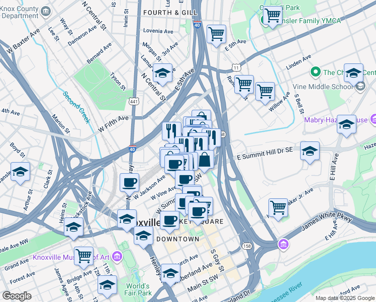 map of restaurants, bars, coffee shops, grocery stores, and more near 118 West Jackson Avenue in Knoxville