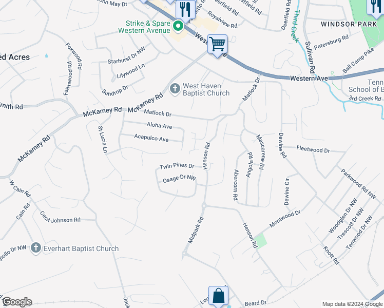 map of restaurants, bars, coffee shops, grocery stores, and more near 4407 Leonie Lane Northwest in Knoxville