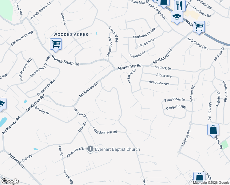 map of restaurants, bars, coffee shops, grocery stores, and more near 2059 Cecil Johnson Road Northwest in Knoxville