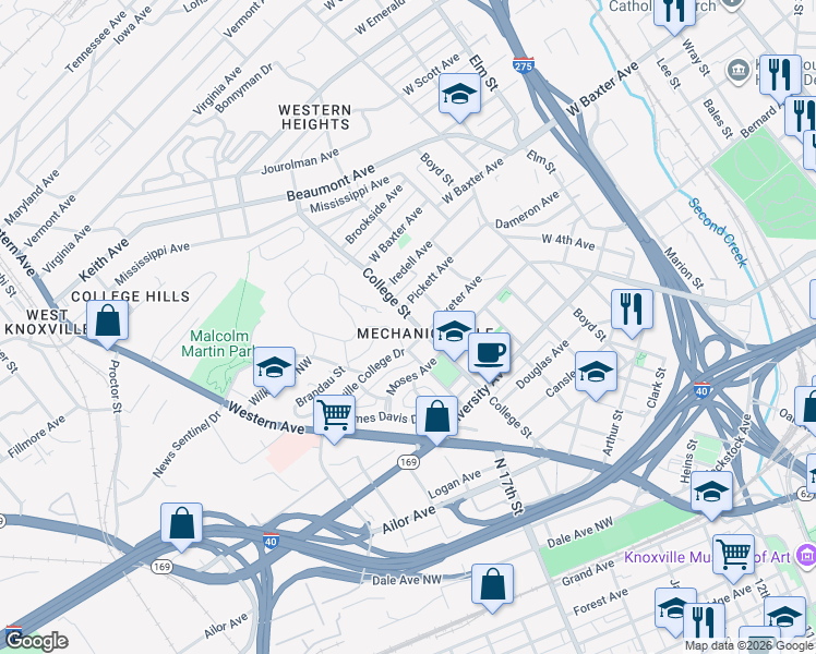 map of restaurants, bars, coffee shops, grocery stores, and more near 901 College Street in Knoxville