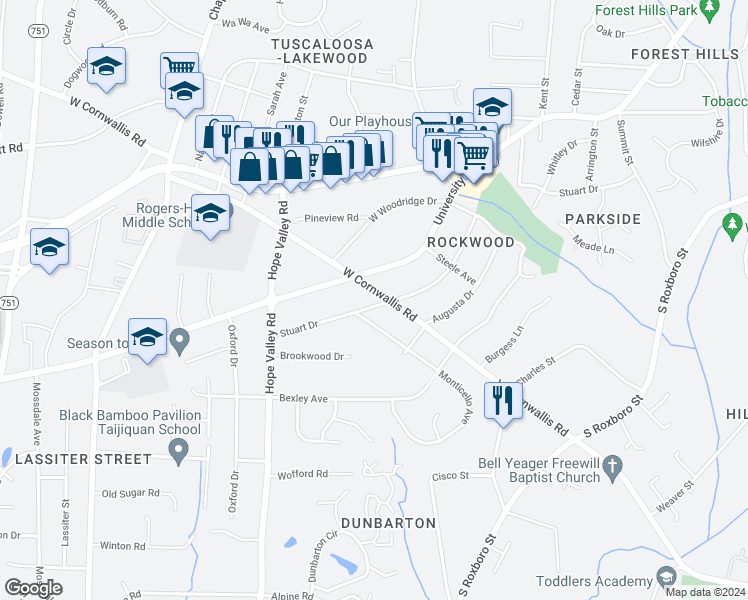 map of restaurants, bars, coffee shops, grocery stores, and more near 505 West Cornwallis Road in Durham