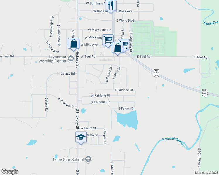 map of restaurants, bars, coffee shops, grocery stores, and more near 29 West Fairlane Court in Sapulpa