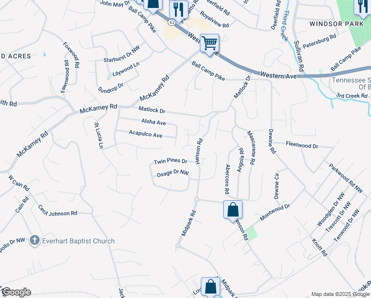 map of restaurants, bars, coffee shops, grocery stores, and more near 4407 Leonie Lane Northwest in Knoxville