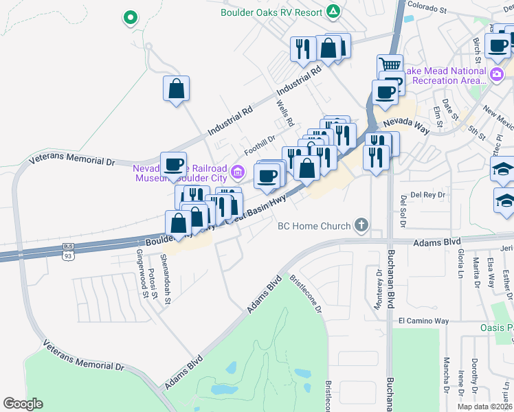 map of restaurants, bars, coffee shops, grocery stores, and more near 1504 Boulder City Parkway in Boulder City