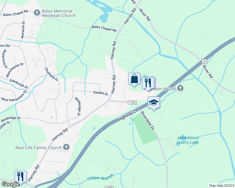 map of restaurants, bars, coffee shops, grocery stores, and more near 5067 Harvey Road in Jamestown