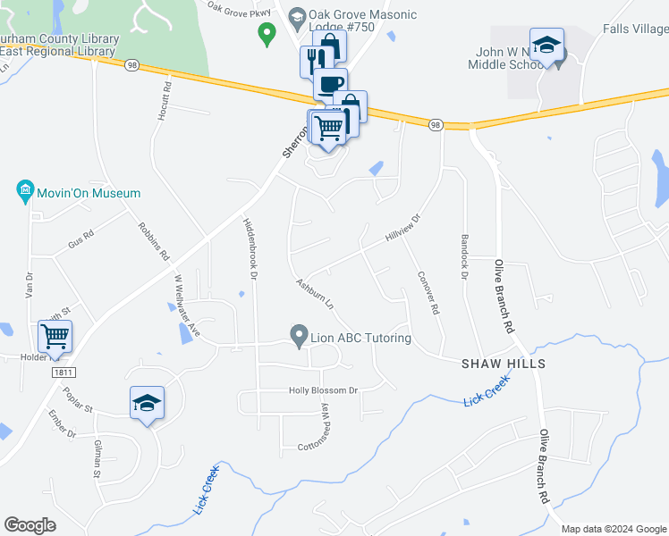 map of restaurants, bars, coffee shops, grocery stores, and more near 1 Spicewood Court in Durham