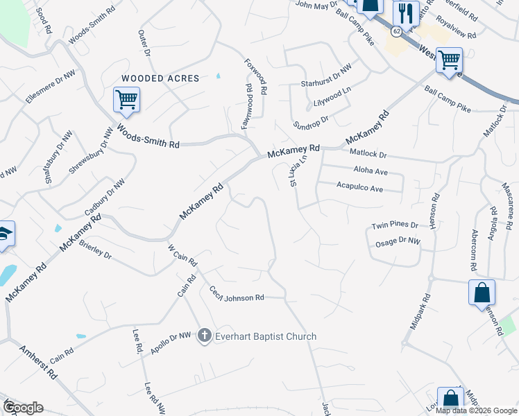 map of restaurants, bars, coffee shops, grocery stores, and more near 2059 Cecil Johnson Road Northwest in Knoxville