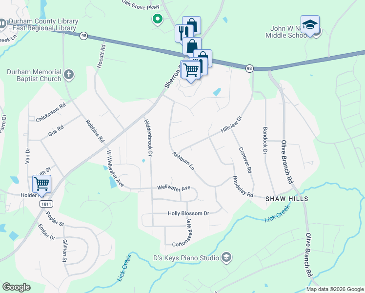map of restaurants, bars, coffee shops, grocery stores, and more near 506 Hillview Drive in Durham