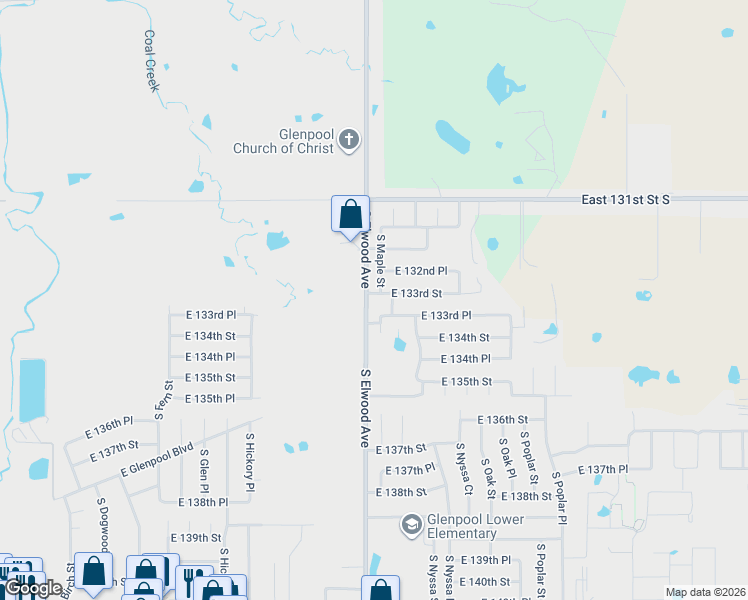 map of restaurants, bars, coffee shops, grocery stores, and more near 1002 East 133rd Street in Glenpool