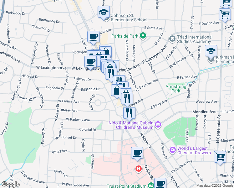 map of restaurants, bars, coffee shops, grocery stores, and more near 108 West Farriss Avenue in High Point
