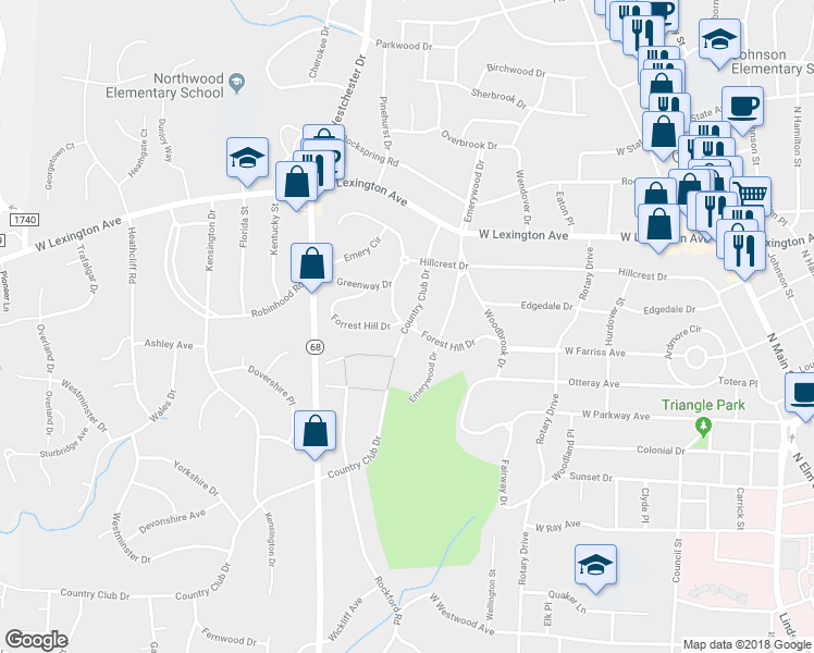 map of restaurants, bars, coffee shops, grocery stores, and more near 998 Country Club Drive in High Point