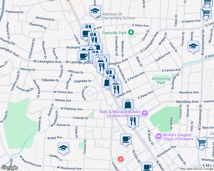 map of restaurants, bars, coffee shops, grocery stores, and more near 1203 North Main Street in High Point