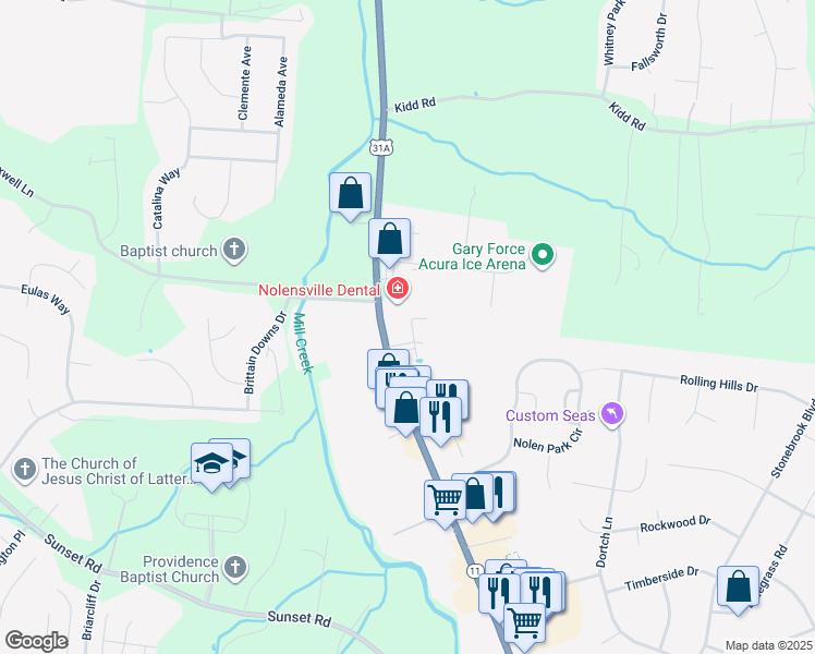 map of restaurants, bars, coffee shops, grocery stores, and more near 7158 Nolensville Road in Nolensville