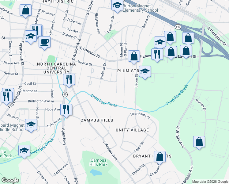 map of restaurants, bars, coffee shops, grocery stores, and more near 1516 Ridgeway Avenue in Durham