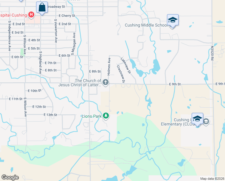 map of restaurants, bars, coffee shops, grocery stores, and more near 1102 Holmes Avenue in Cushing