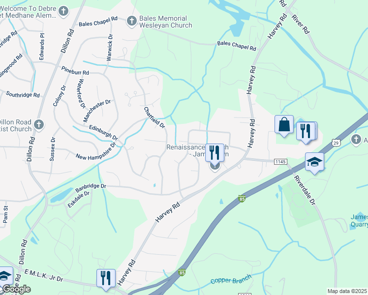 map of restaurants, bars, coffee shops, grocery stores, and more near 126 Timberwood Drive in Jamestown