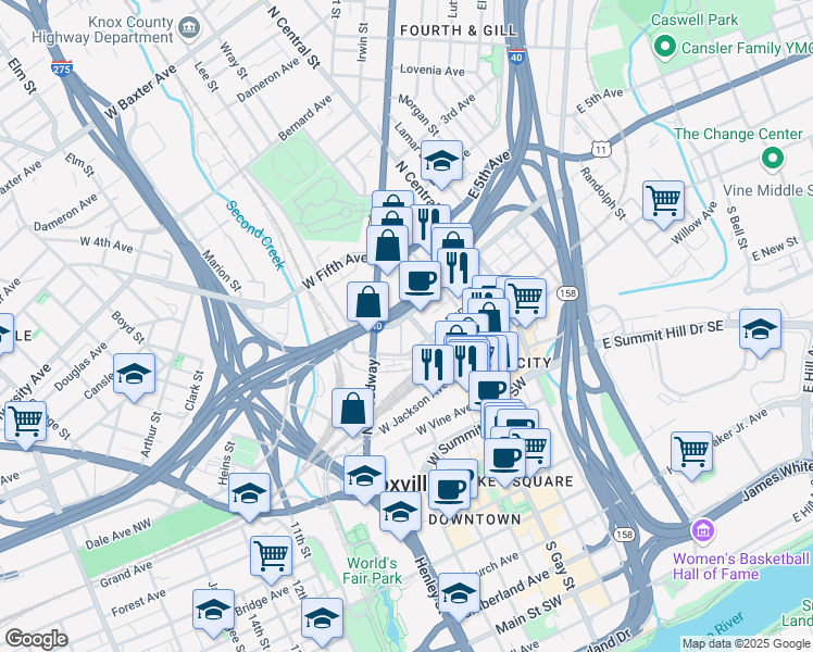 map of restaurants, bars, coffee shops, grocery stores, and more near 410 State Highway 9 in Knoxville