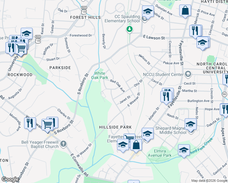 map of restaurants, bars, coffee shops, grocery stores, and more near 2510 Otis Street in Durham