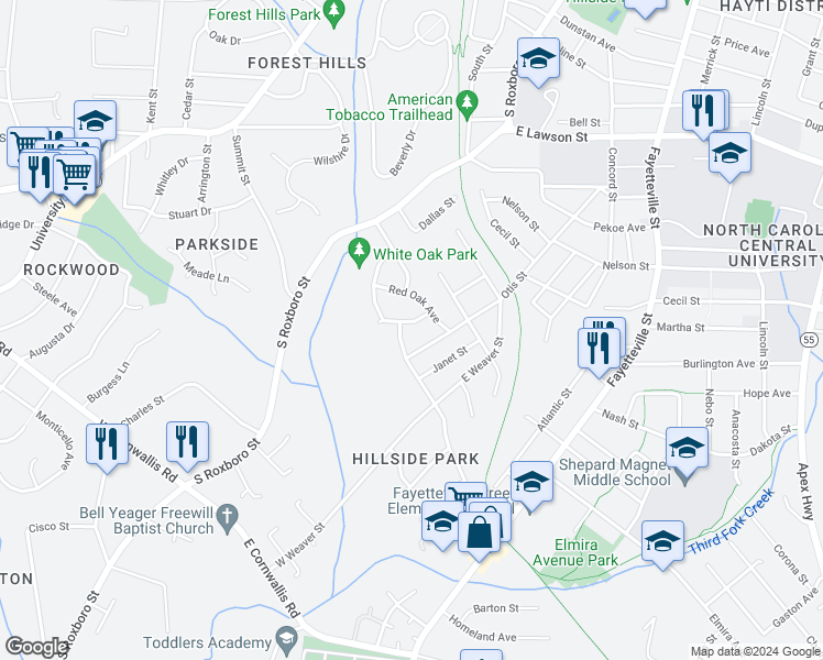map of restaurants, bars, coffee shops, grocery stores, and more near 2510 Otis Street in Durham