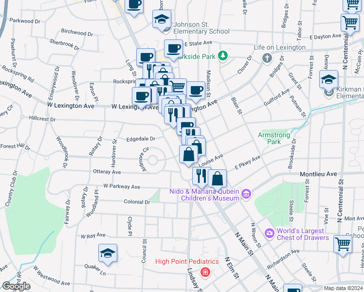 map of restaurants, bars, coffee shops, grocery stores, and more near 1203 North Main Street in High Point