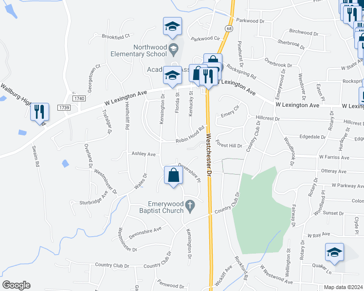 map of restaurants, bars, coffee shops, grocery stores, and more near 1105 Robin Hood Manor in High Point