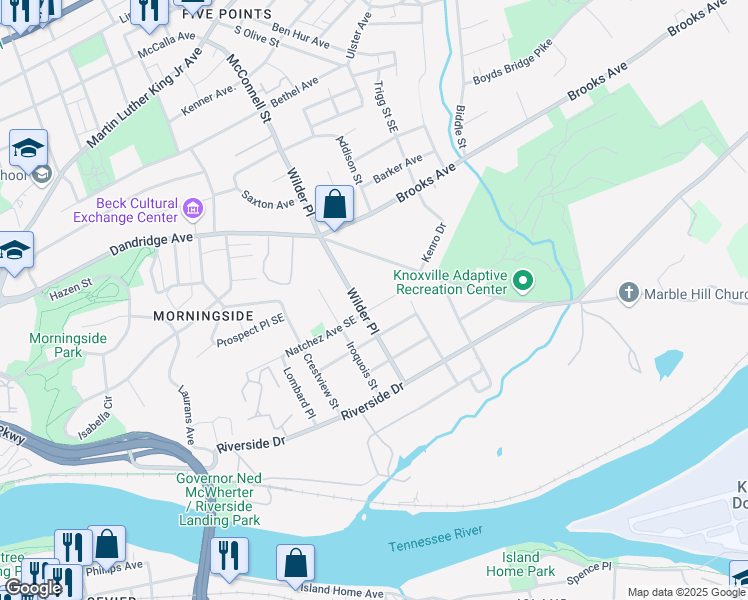 map of restaurants, bars, coffee shops, grocery stores, and more near 1532 Wilder Place in Knoxville