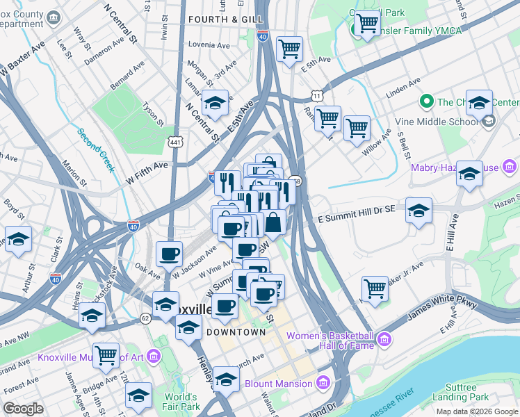 map of restaurants, bars, coffee shops, grocery stores, and more near 118 West Jackson Avenue in Knoxville