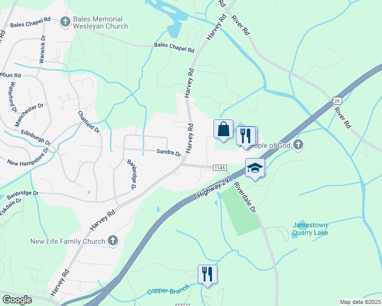 map of restaurants, bars, coffee shops, grocery stores, and more near 5067 Harvey Road in Jamestown