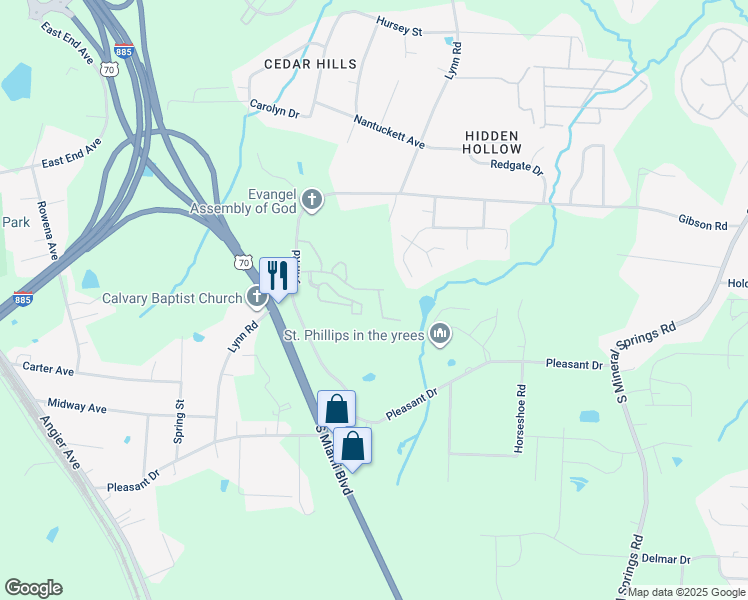 map of restaurants, bars, coffee shops, grocery stores, and more near 3228 Ivey Wood Lane in Durham