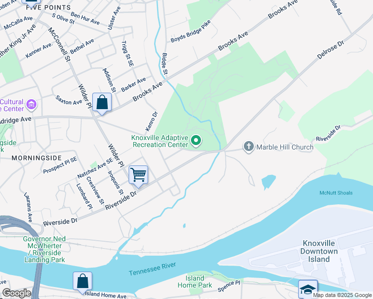 map of restaurants, bars, coffee shops, grocery stores, and more near 2325 Dandridge Avenue in Knoxville