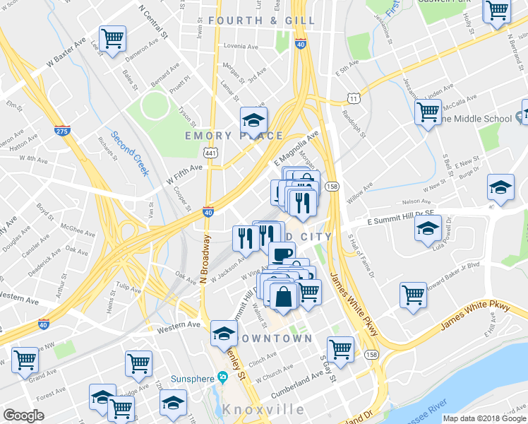 map of restaurants, bars, coffee shops, grocery stores, and more near 306 West Depot Avenue in Knoxville