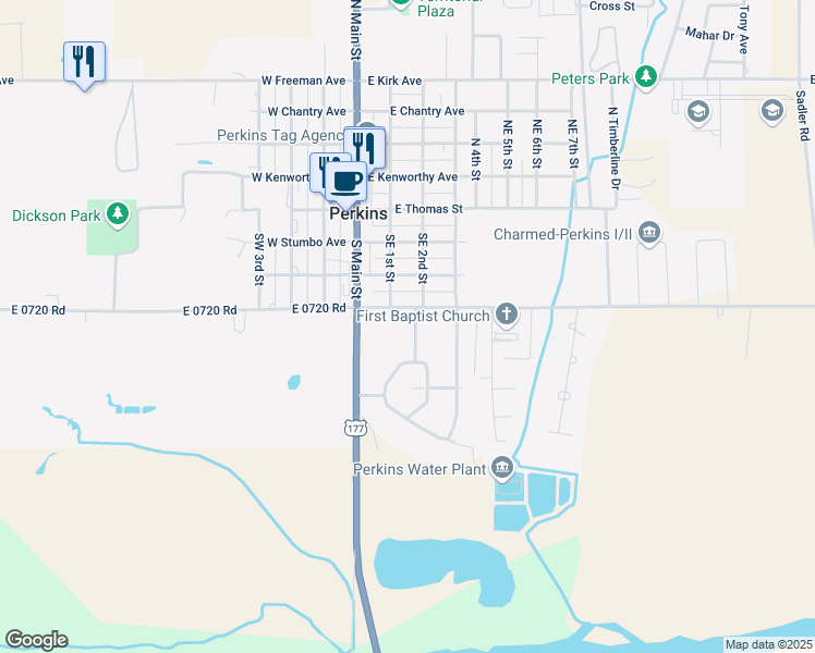map of restaurants, bars, coffee shops, grocery stores, and more near 405 Southeast 2nd Street in Perkins