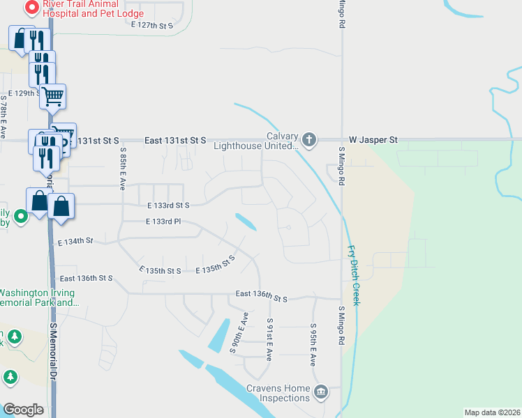 map of restaurants, bars, coffee shops, grocery stores, and more near 9250 East 133rd Place South in Bixby