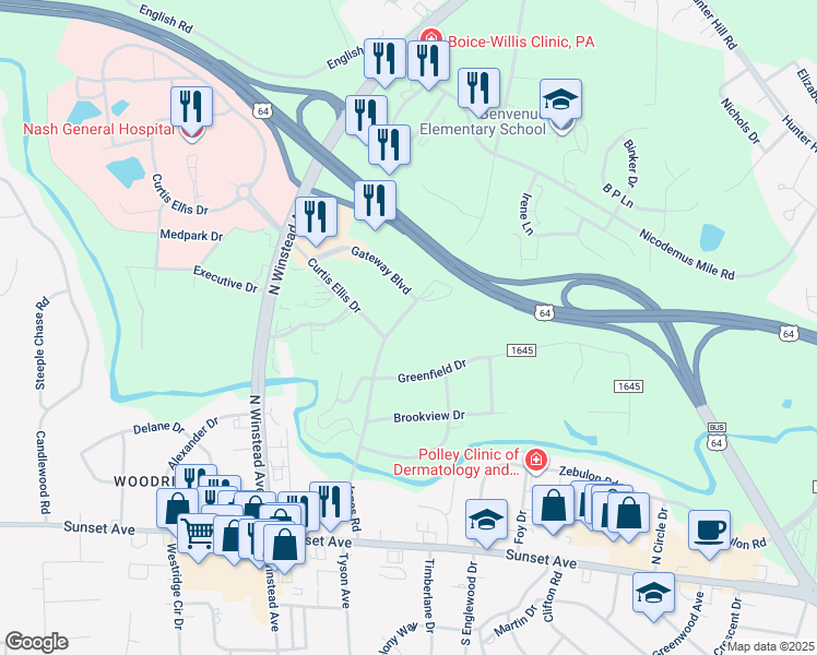 map of restaurants, bars, coffee shops, grocery stores, and more near 515 Jones Road in Rocky Mount