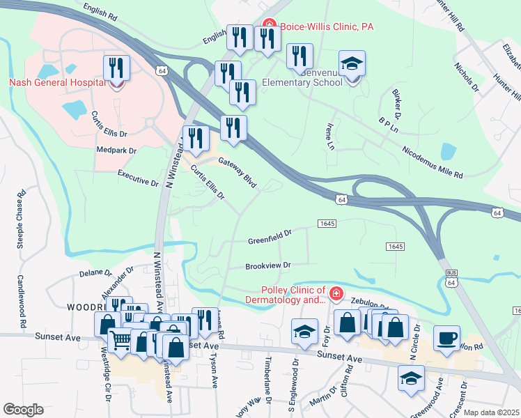 map of restaurants, bars, coffee shops, grocery stores, and more near 515 Jones Road in Rocky Mount